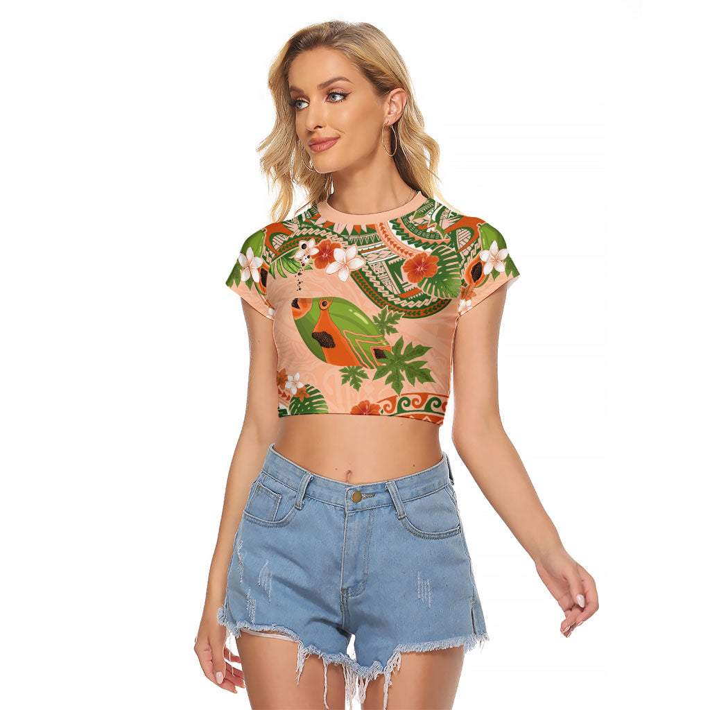 Hawaii Papaya Raglan Cropped T Shirt Cute Cosplay Humuhumu Fish Plumeria Waves DT05 Female Orange - Polynesian Pride