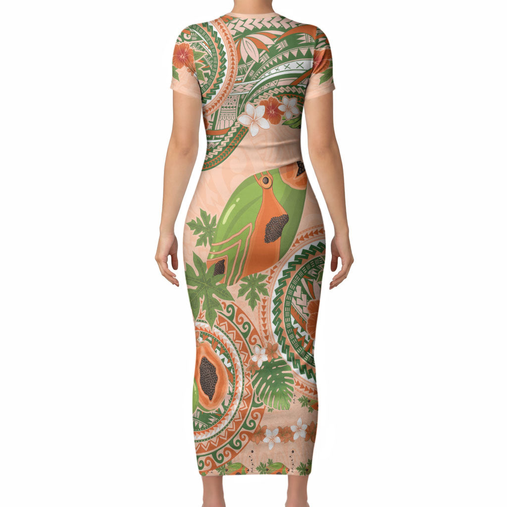 Hawaii Papaya Short Sleeve Bodycon Dress Cute Cosplay Humuhumu Fish Plumeria Waves DT05 - Polynesian Pride