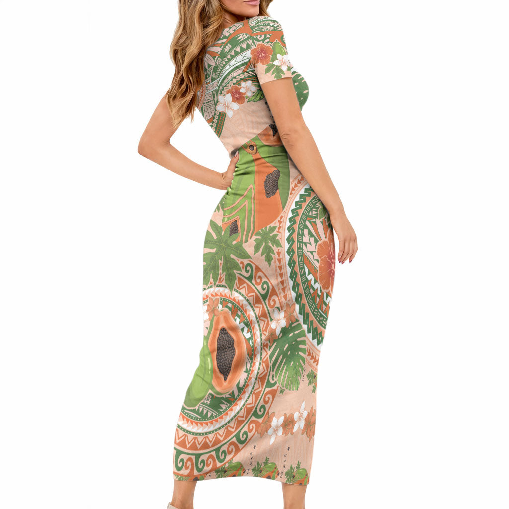 Hawaii Papaya Short Sleeve Bodycon Dress Cute Cosplay Humuhumu Fish Plumeria Waves DT05 - Polynesian Pride