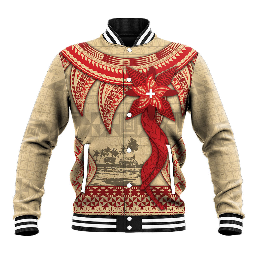 Tonga Language Week Baseball Jacket Tribal Cross Ngatu Floral Pattern