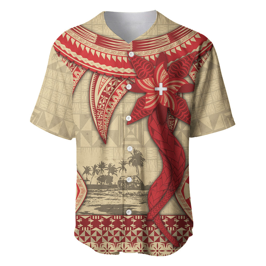 Tonga Language Week Baseball Jersey Tribal Cross Ngatu Floral Pattern