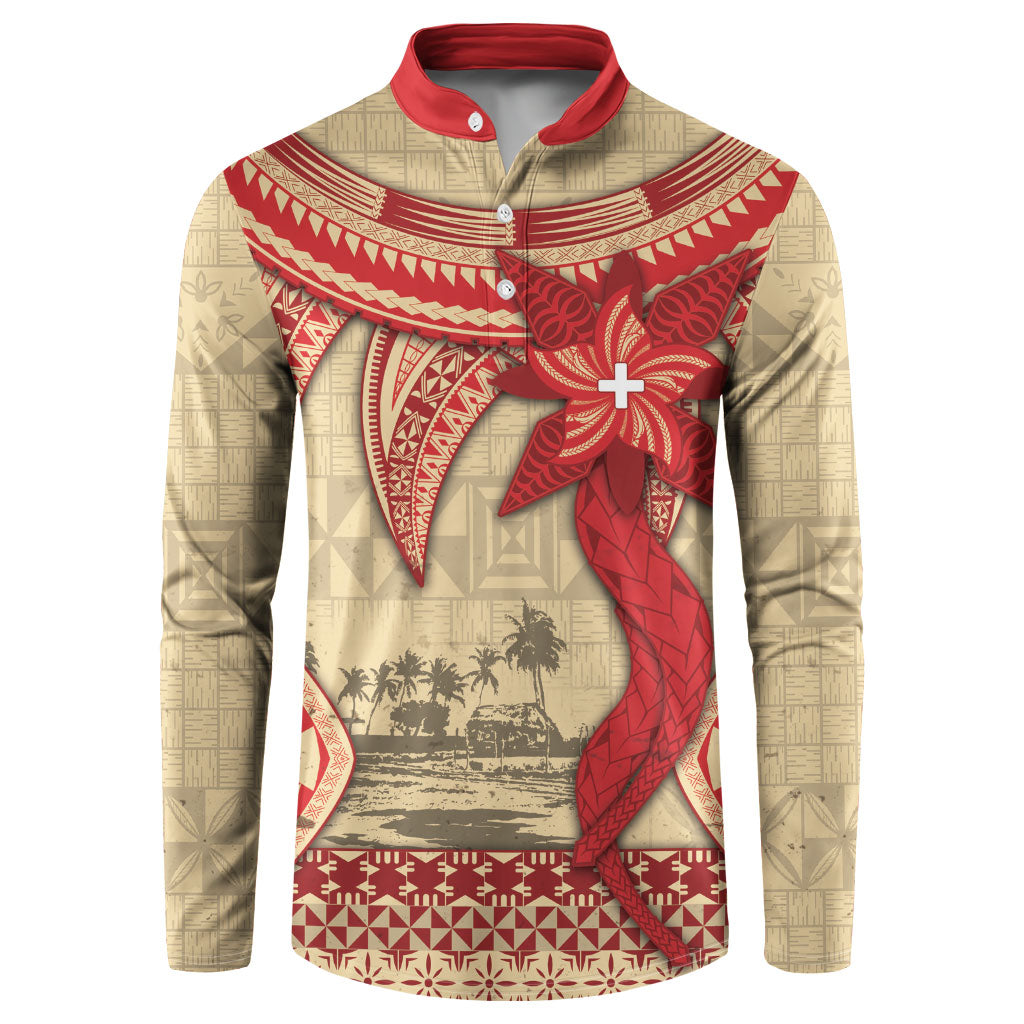 Tonga Language Week Button Sweatshirt Tribal Cross Ngatu Floral Pattern