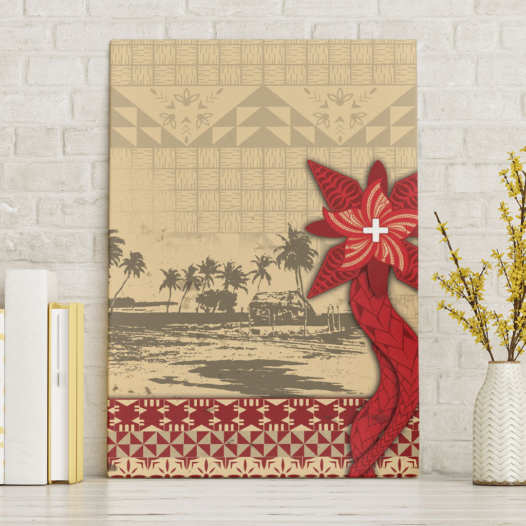 Tonga Language Week Canvas Wall Art Tribal Cross Ngatu Floral Pattern DT05 Without Frame Red - Polynesian Pride