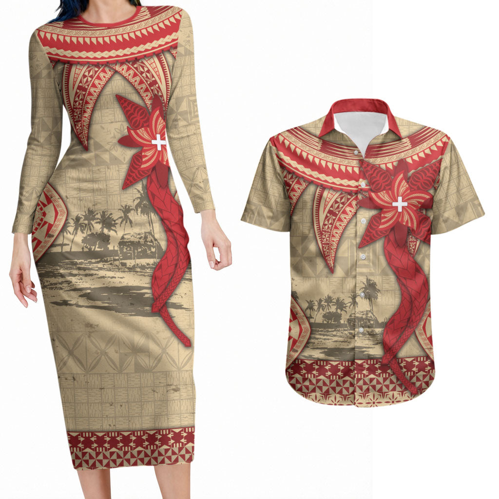 Tonga Language Week Couples Matching Long Sleeve Bodycon Dress and Hawaiian Shirt Tribal Cross Ngatu Floral Pattern DT05 Red - Polynesian Pride