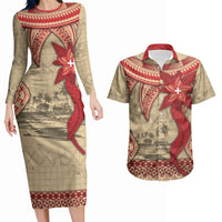 Tonga Language Week Couples Matching Long Sleeve Bodycon Dress and Hawaiian Shirt Tribal Cross Ngatu Floral Pattern