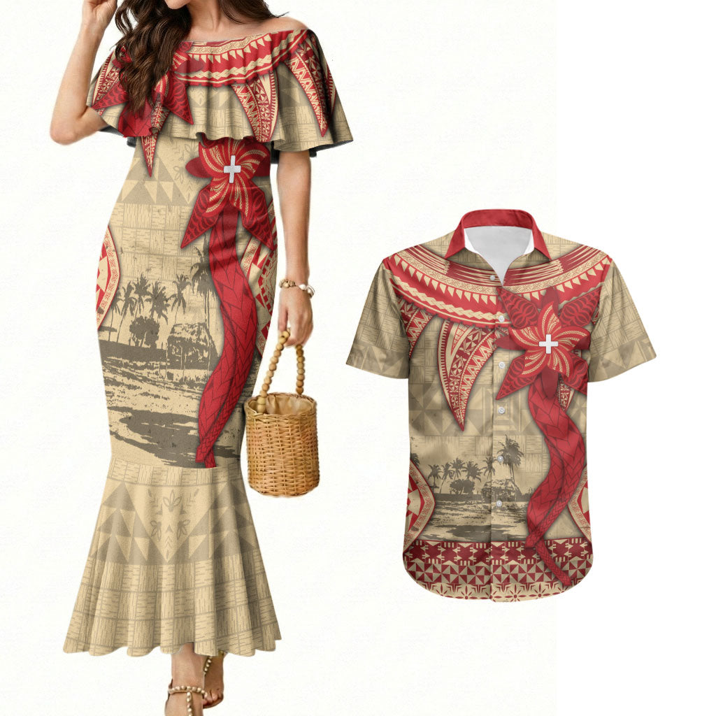 Tonga Language Week Couples Matching Mermaid Dress and Hawaiian Shirt Tribal Cross Ngatu Floral Pattern