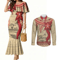 Tonga Language Week Couples Matching Mermaid Dress and Long Sleeve Button Shirt Tribal Cross Ngatu Floral Pattern