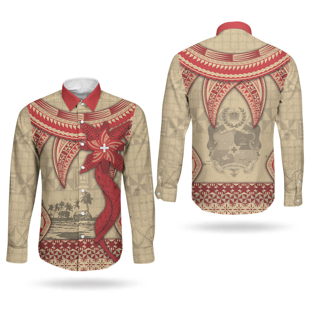 Tonga Language Week Couples Matching Mermaid Dress and Long Sleeve Button Shirt Tribal Cross Ngatu Floral Pattern
