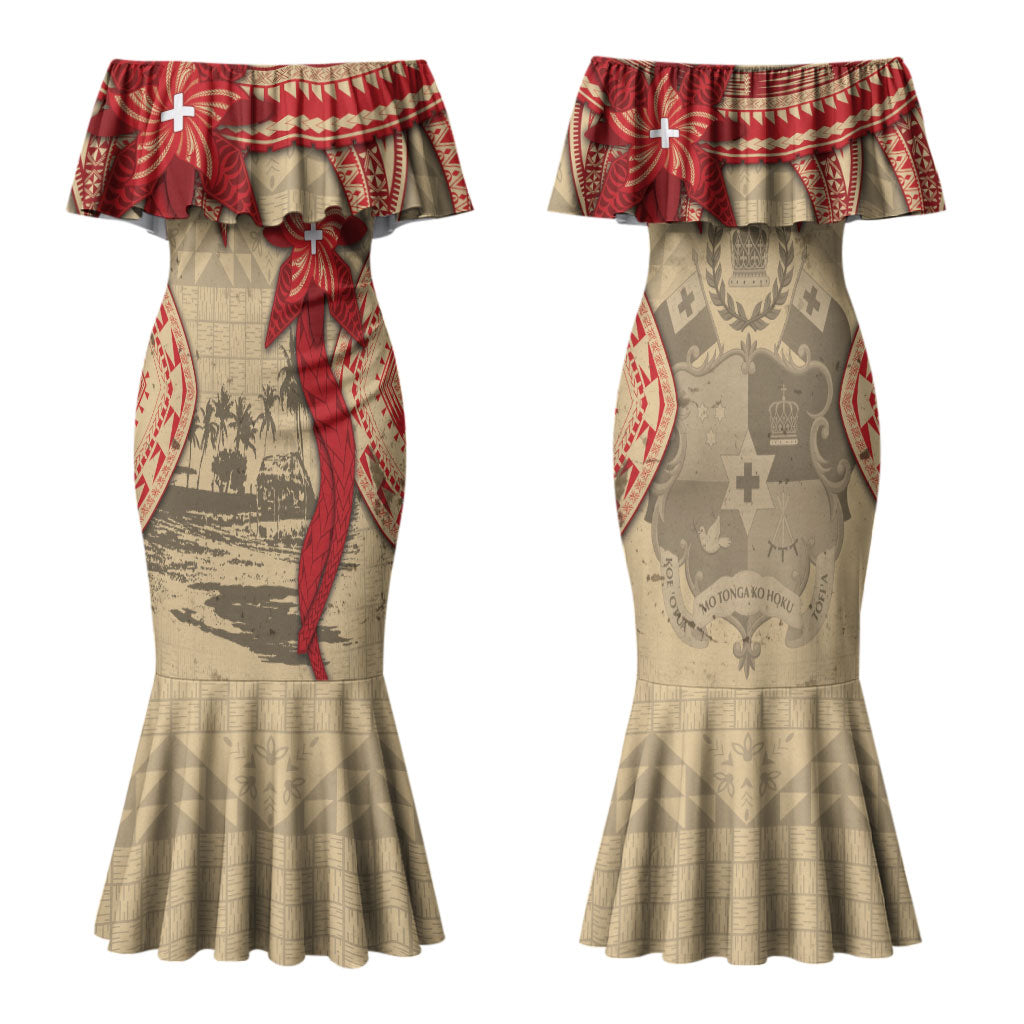 Tonga Language Week Couples Matching Mermaid Dress and Long Sleeve Button Shirt Tribal Cross Ngatu Floral Pattern