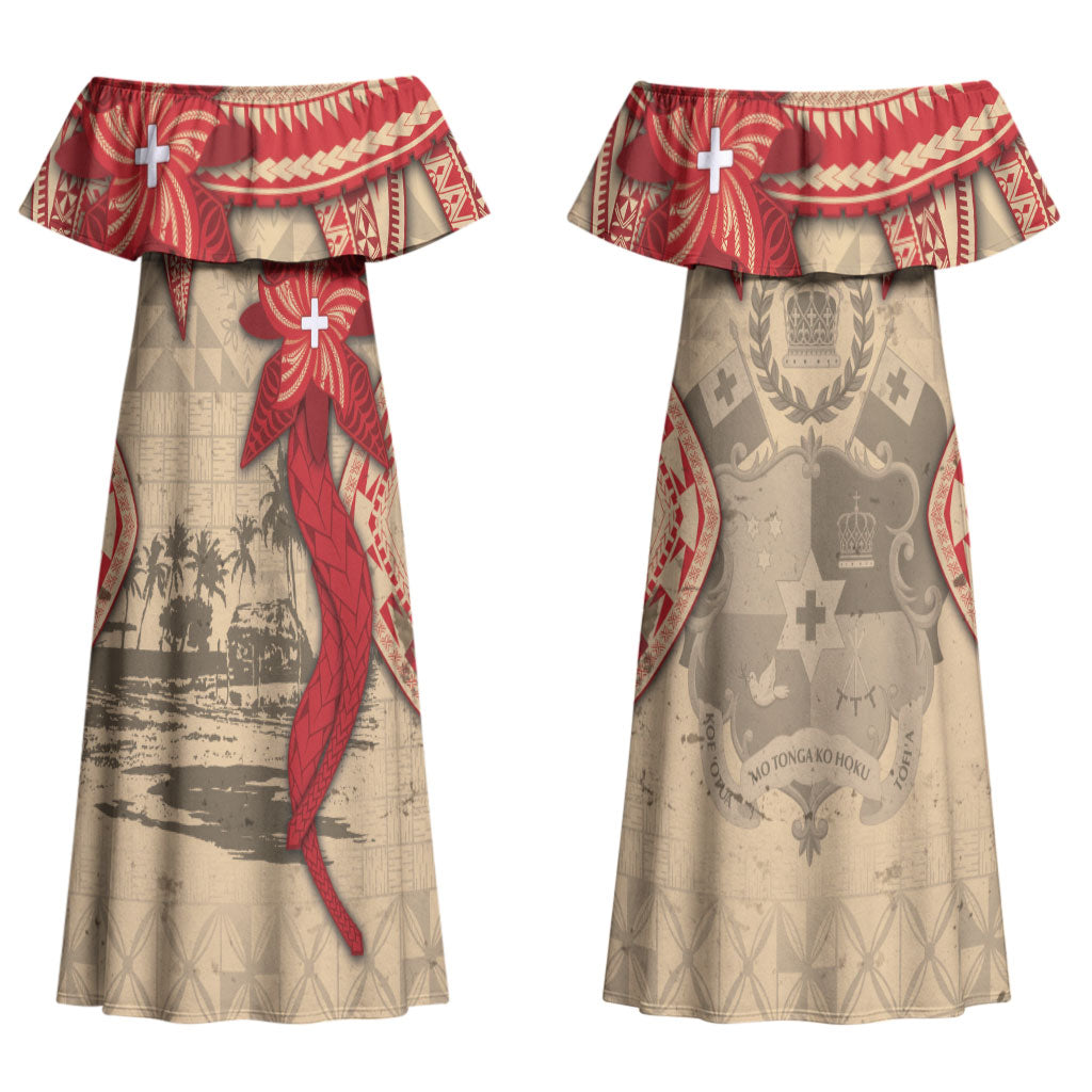 Tonga Language Week Couples Matching Off Shoulder Maxi Dress and Hawaiian Shirt Tribal Cross Ngatu Floral Pattern