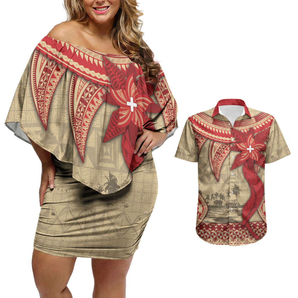 Tonga Language Week Couples Matching Off Shoulder Short Dress and Hawaiian Shirt Tribal Cross Ngatu Floral Pattern DT05 Red - Polynesian Pride
