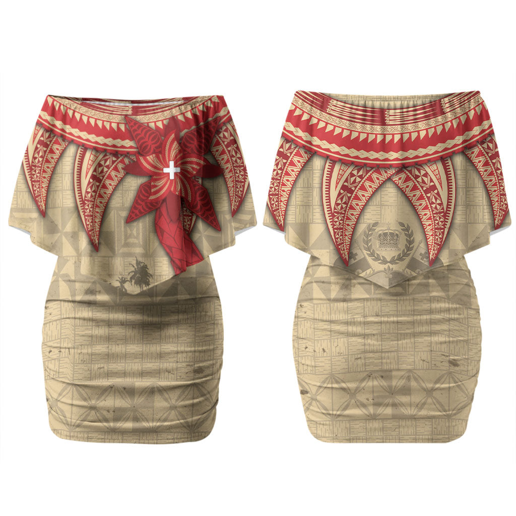 Tonga Language Week Couples Matching Off Shoulder Short Dress and Long Sleeve Button Shirt Tribal Cross Ngatu Floral Pattern