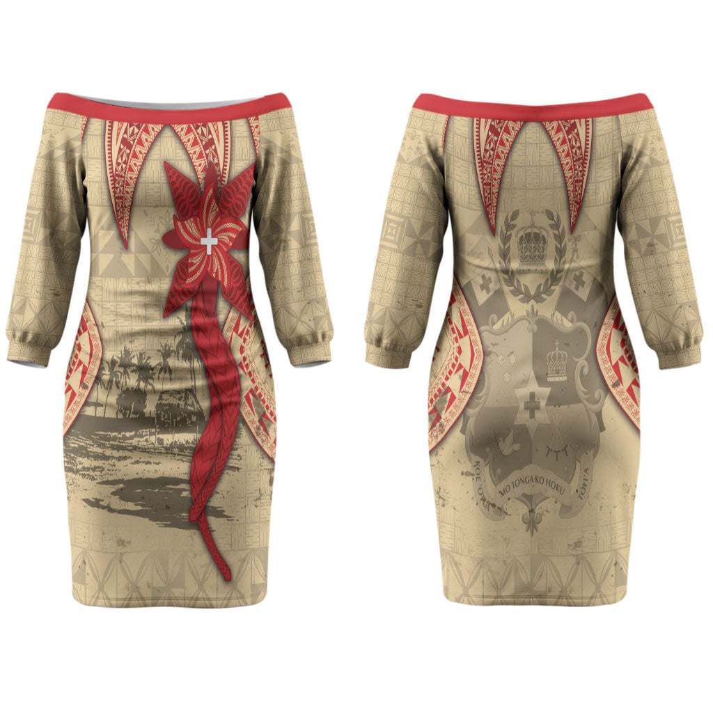 Tonga Language Week Couples Matching Off The Shoulder Long Sleeve Dress and Long Sleeve Button Shirt Tribal Cross Ngatu Floral Pattern