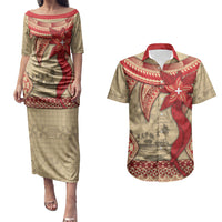 Tonga Language Week Couples Matching Puletasi and Hawaiian Shirt Tribal Cross Ngatu Floral Pattern