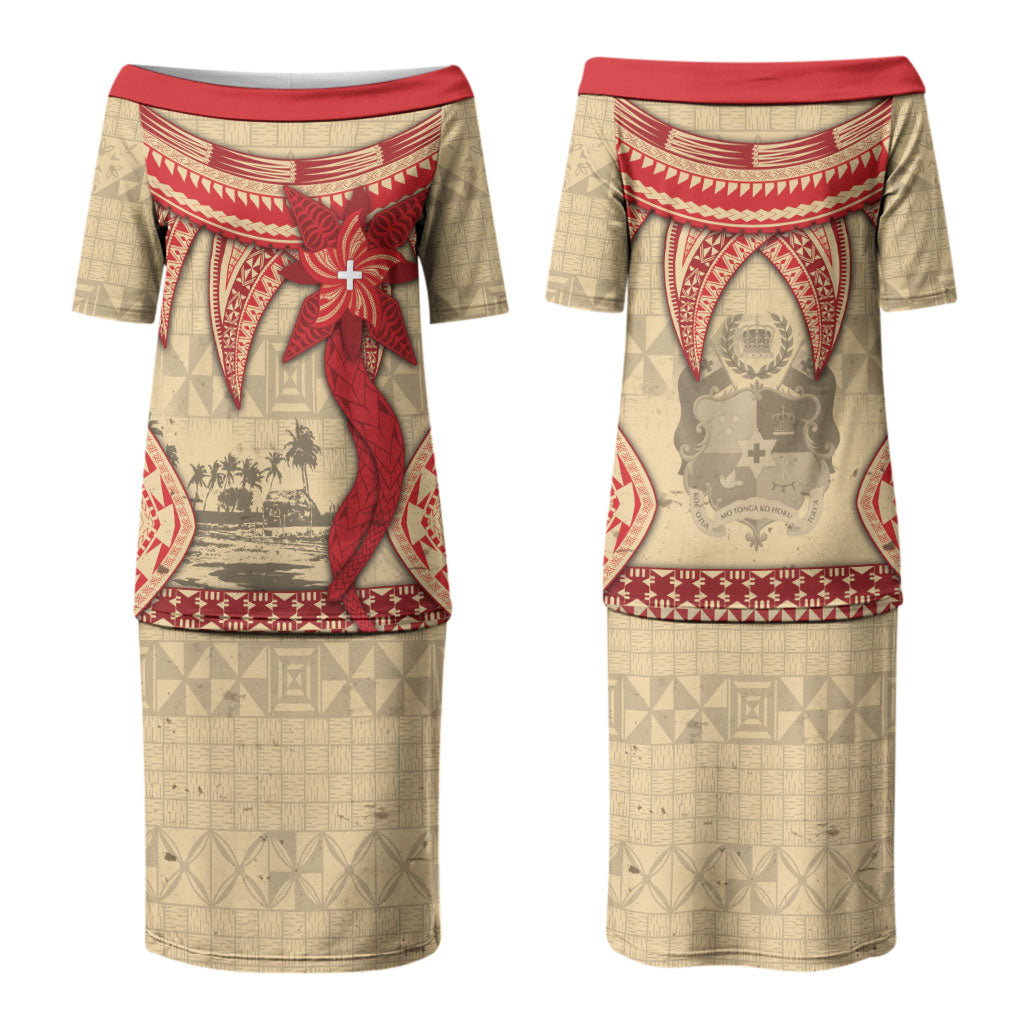 Tonga Language Week Couples Matching Puletasi and Hawaiian Shirt Tribal Cross Ngatu Floral Pattern