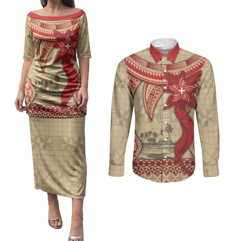 Tonga Language Week Couples Matching Puletasi and Long Sleeve Button Shirt Tribal Cross Ngatu Floral Pattern