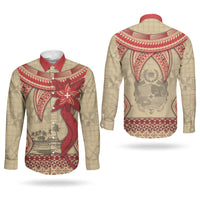 Tonga Language Week Couples Matching Puletasi and Long Sleeve Button Shirt Tribal Cross Ngatu Floral Pattern