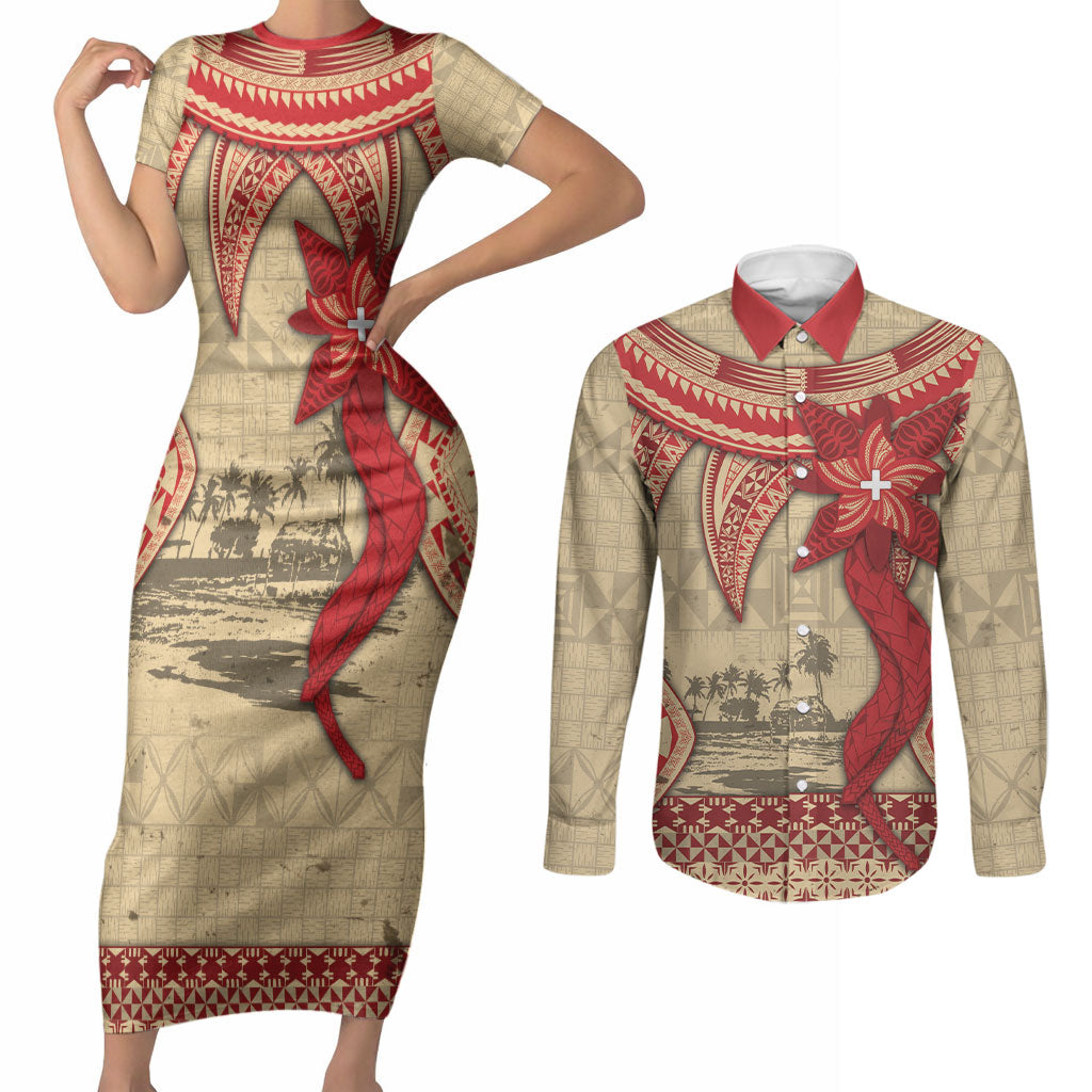 Tonga Language Week Couples Matching Short Sleeve Bodycon Dress and Long Sleeve Button Shirt Tribal Cross Ngatu Floral Pattern