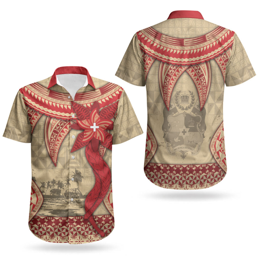 Tonga Language Week Couples Matching Summer Maxi Dress and Hawaiian Shirt Tribal Cross Ngatu Floral Pattern