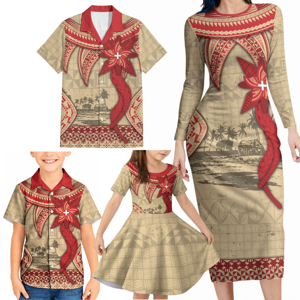 Tonga Language Week Family Matching Long Sleeve Bodycon Dress and Hawaiian Shirt Tribal Cross Ngatu Floral Pattern