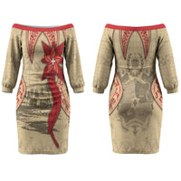 Tonga Language Week Family Matching Off The Shoulder Long Sleeve Dress and Hawaiian Shirt Tribal Cross Ngatu Floral Pattern