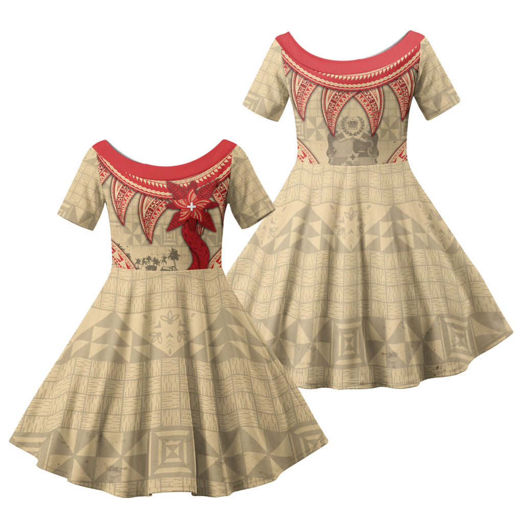 Tonga Language Week Family Matching Off The Shoulder Long Sleeve Dress and Hawaiian Shirt Tribal Cross Ngatu Floral Pattern