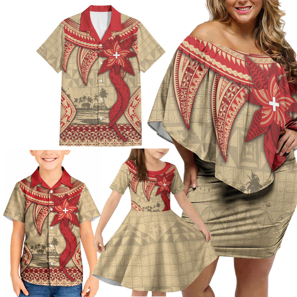 Tonga Language Week Family Matching Off Shoulder Short Dress and Hawaiian Shirt Tribal Cross Ngatu Floral Pattern DT05 - Polynesian Pride