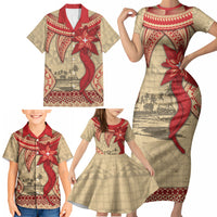 Tonga Language Week Family Matching Short Sleeve Bodycon Dress and Hawaiian Shirt Tribal Cross Ngatu Floral Pattern