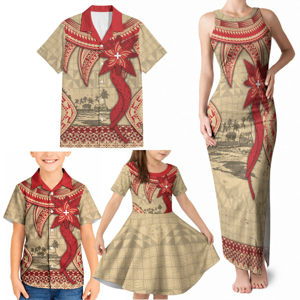 Tonga Language Week Family Matching Tank Maxi Dress and Hawaiian Shirt Tribal Cross Ngatu Floral Pattern