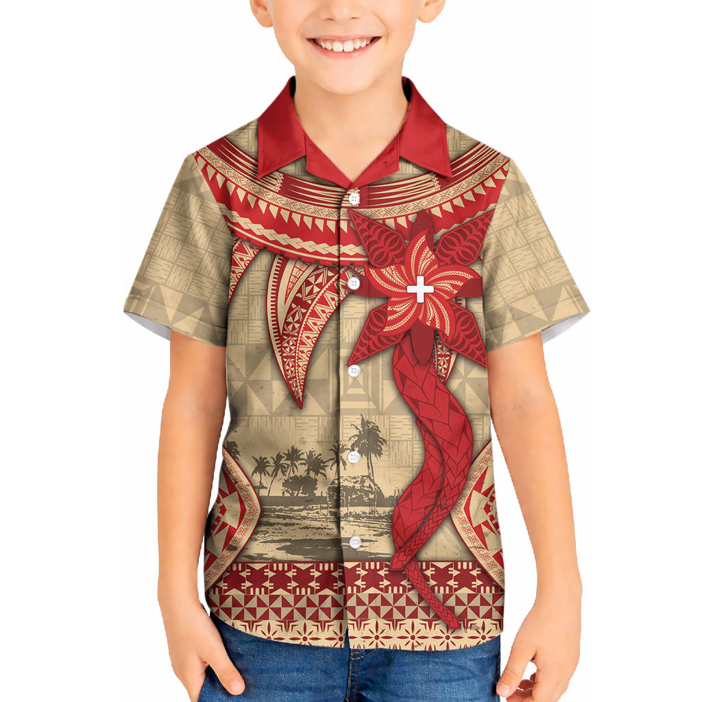 Tonga Language Week Kid Hawaiian Shirt Tribal Cross Ngatu Floral Pattern