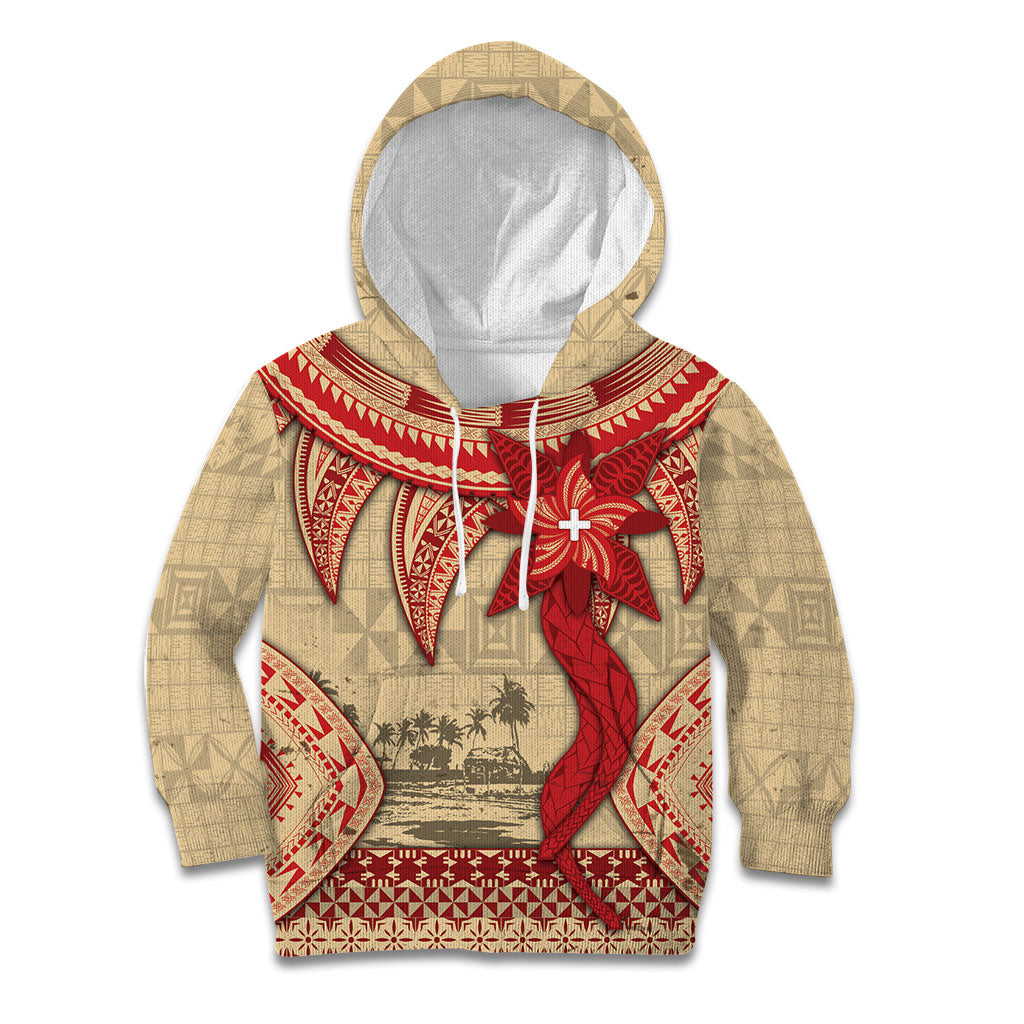 Tonga Language Week Kid Hoodie Tribal Cross Ngatu Floral Pattern