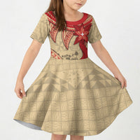 Tonga Language Week Kid Short Sleeve Dress Tribal Cross Ngatu Floral Pattern