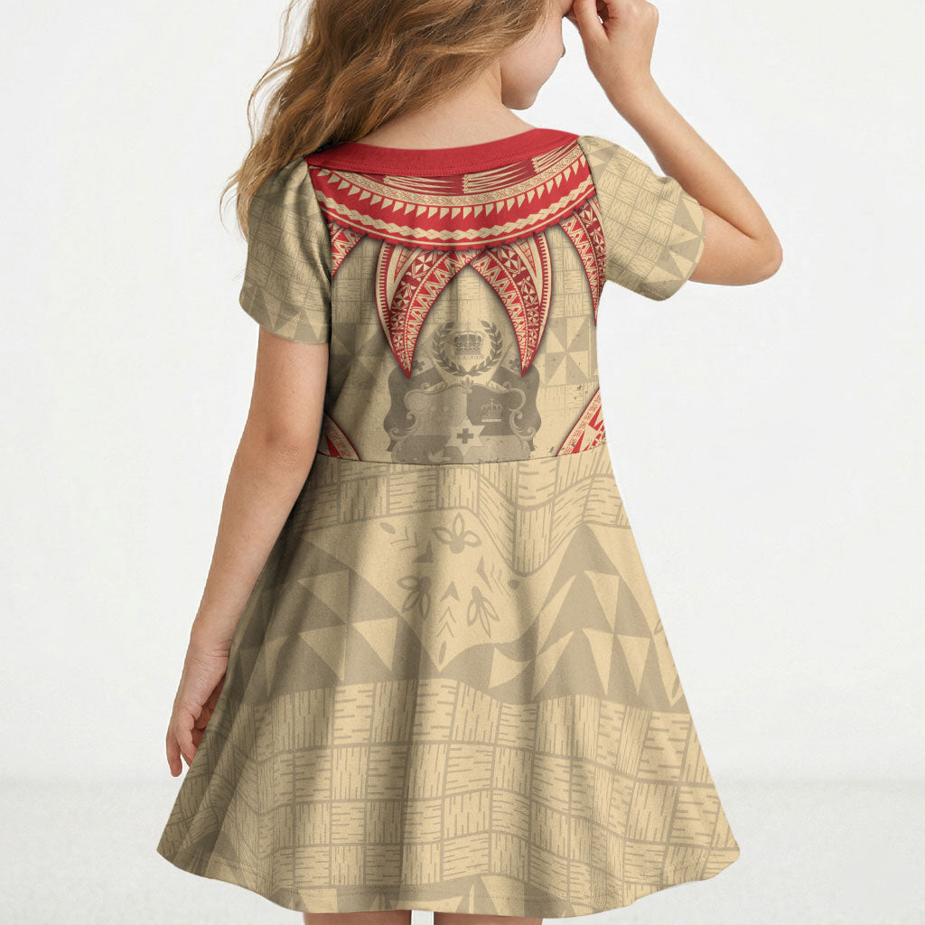 Tonga Language Week Kid Short Sleeve Dress Tribal Cross Ngatu Floral Pattern