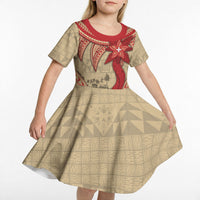 Tonga Language Week Kid Short Sleeve Dress Tribal Cross Ngatu Floral Pattern