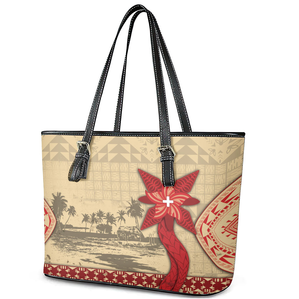 Tonga Language Week Leather Tote Bag Tribal Cross Ngatu Floral Pattern