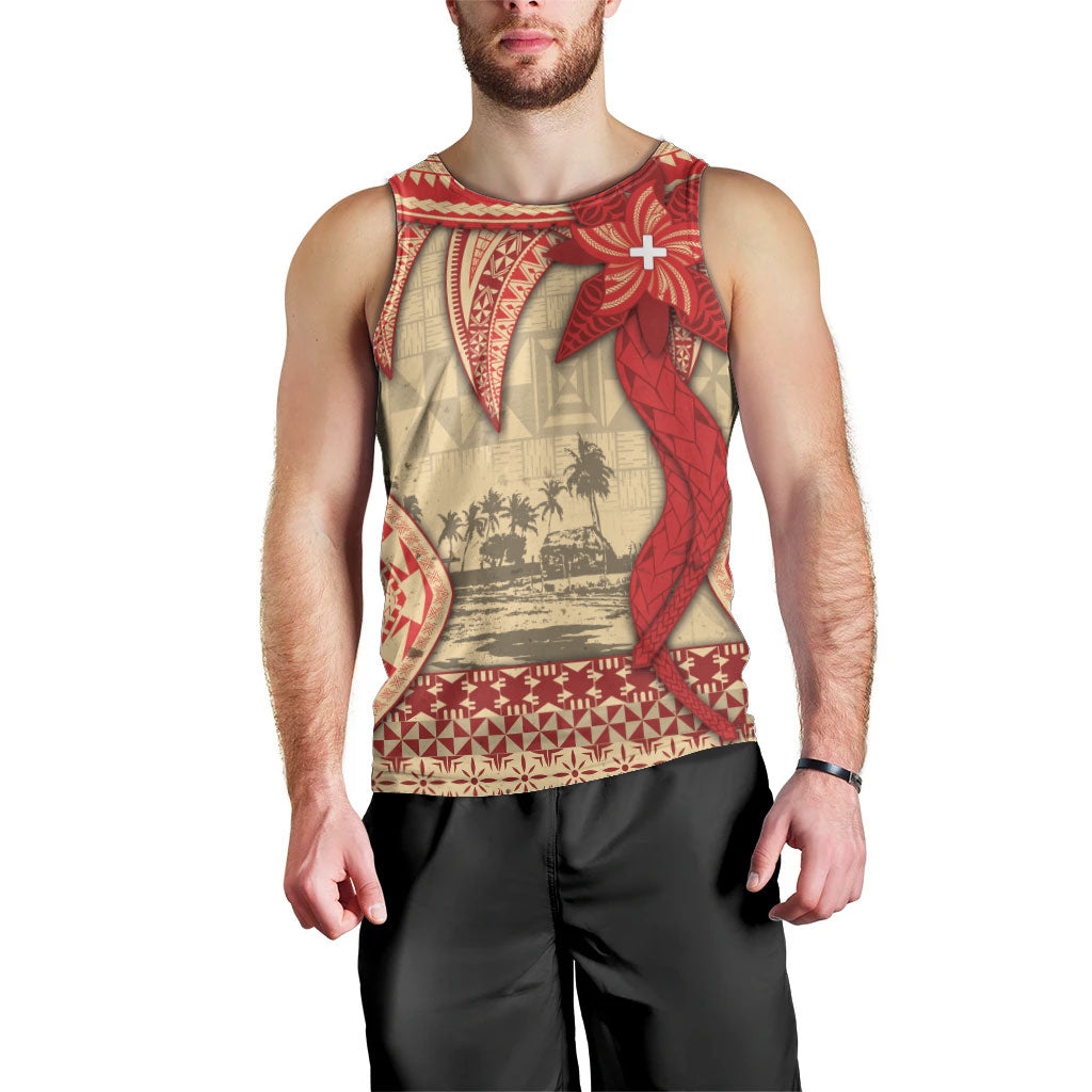 Tonga Language Week Men Tank Top Tribal Cross Ngatu Floral Pattern
