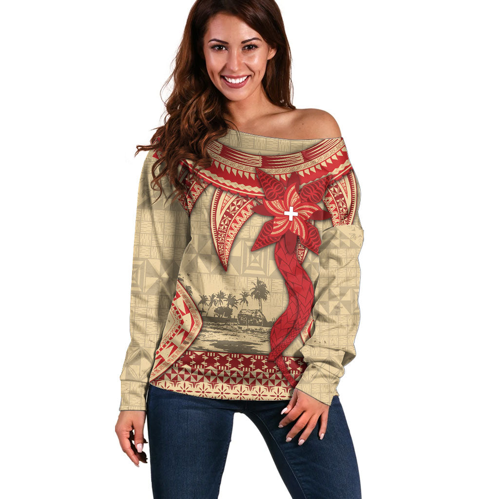 Tonga Language Week Off Shoulder Sweater Tribal Cross Ngatu Floral Pattern