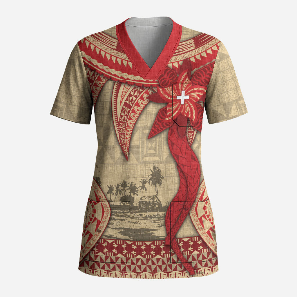 Tonga Language Week Scrub Top Tribal Cross Ngatu Floral Pattern