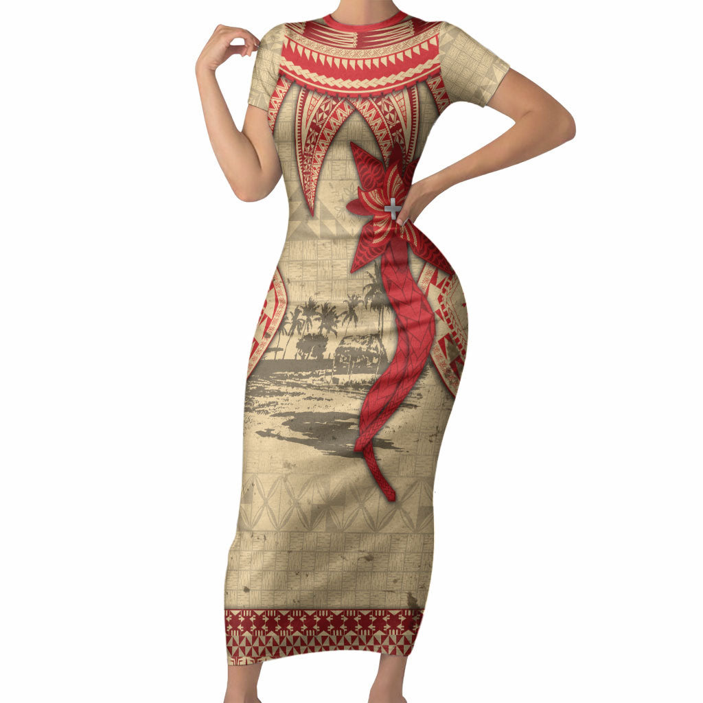 Tonga Language Week Short Sleeve Bodycon Dress Tribal Cross Ngatu Floral Pattern