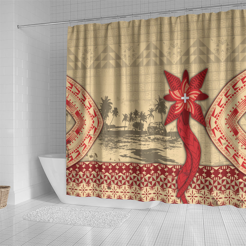 Tonga Language Week Shower Curtain Tribal Cross Ngatu Floral Pattern