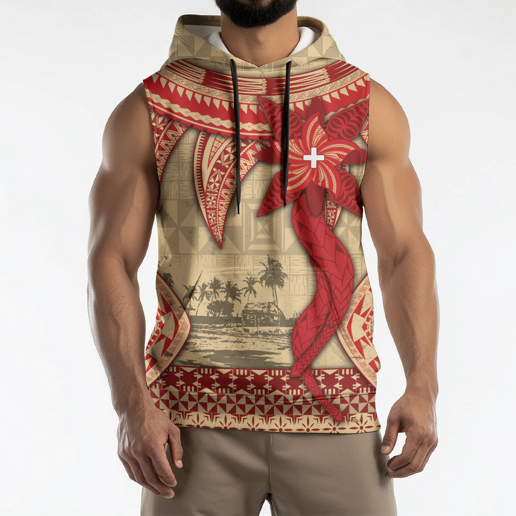 Tonga Language Week Sleeveless Hoodie Tribal Cross Ngatu Floral Pattern