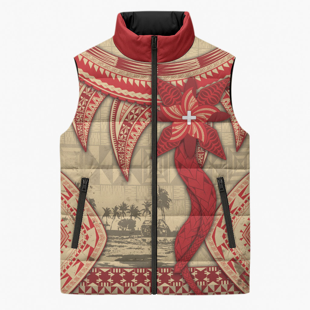 Tonga Language Week Sleeveless Puffer Jacket Tribal Cross Ngatu Floral Pattern