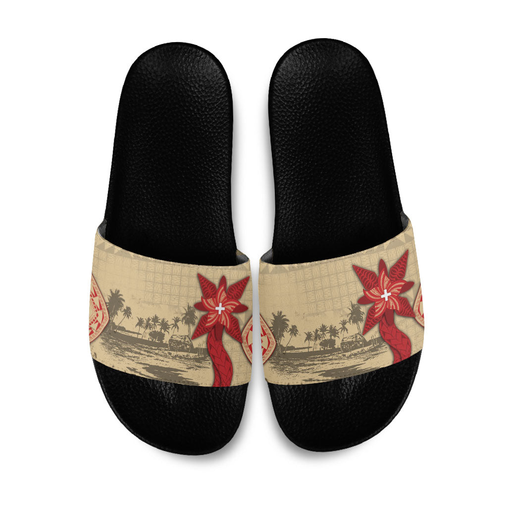 Tonga Language Week Slide Sandals Tribal Cross Ngatu Floral Pattern