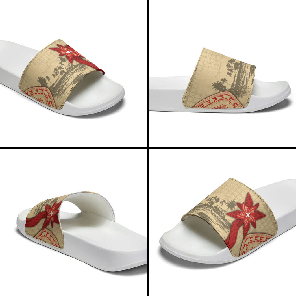 Tonga Language Week Slide Sandals Tribal Cross Ngatu Floral Pattern