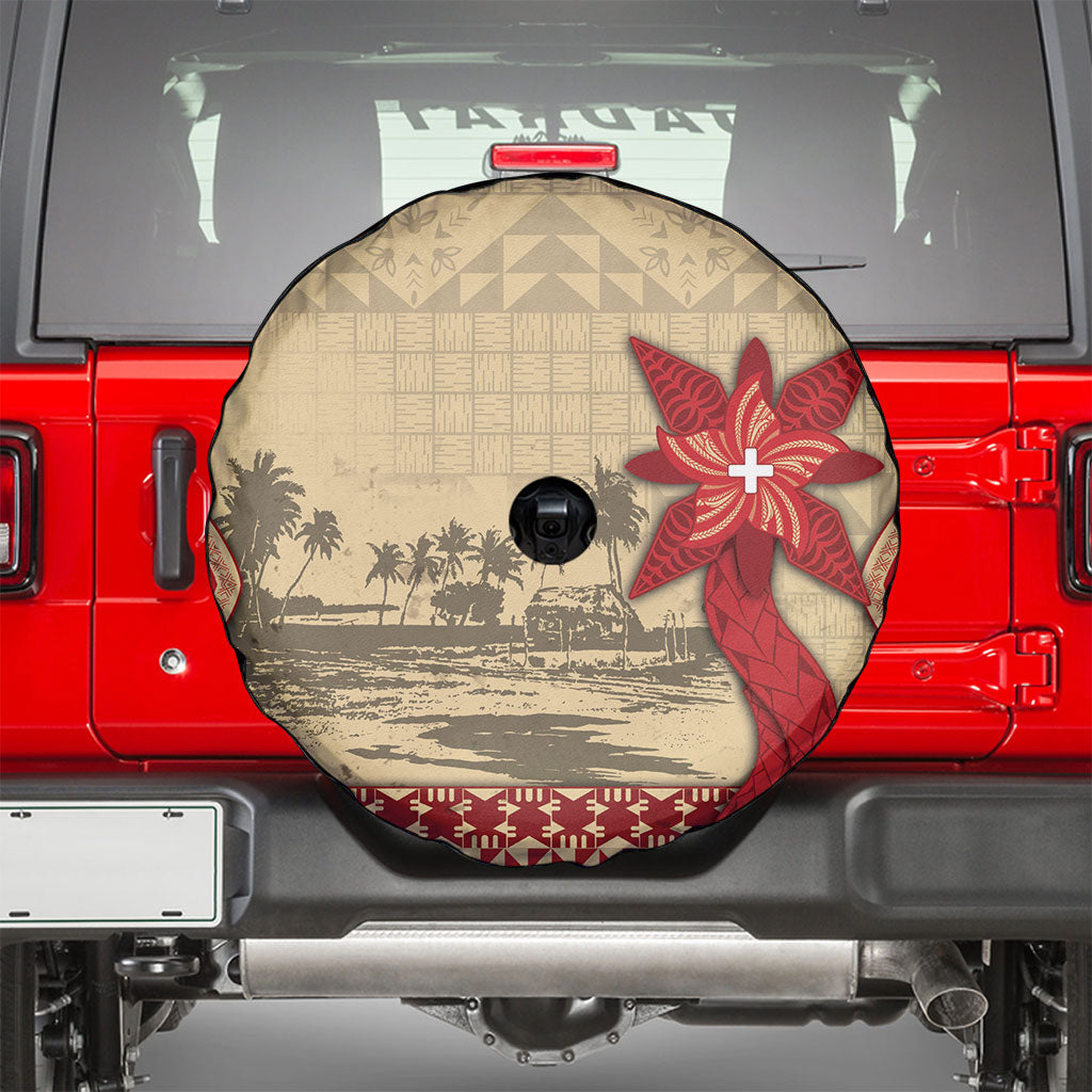 Tonga Language Week Spare Tire Cover Tribal Cross Ngatu Floral Pattern