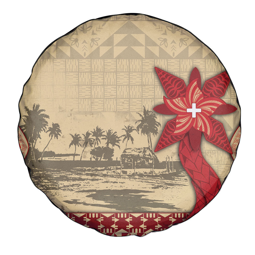 Tonga Language Week Spare Tire Cover Tribal Cross Ngatu Floral Pattern