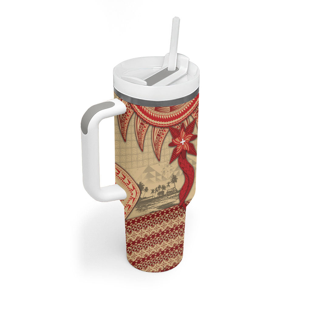 Tonga Language Week Tumbler With Handle Tribal Cross Ngatu Floral Pattern