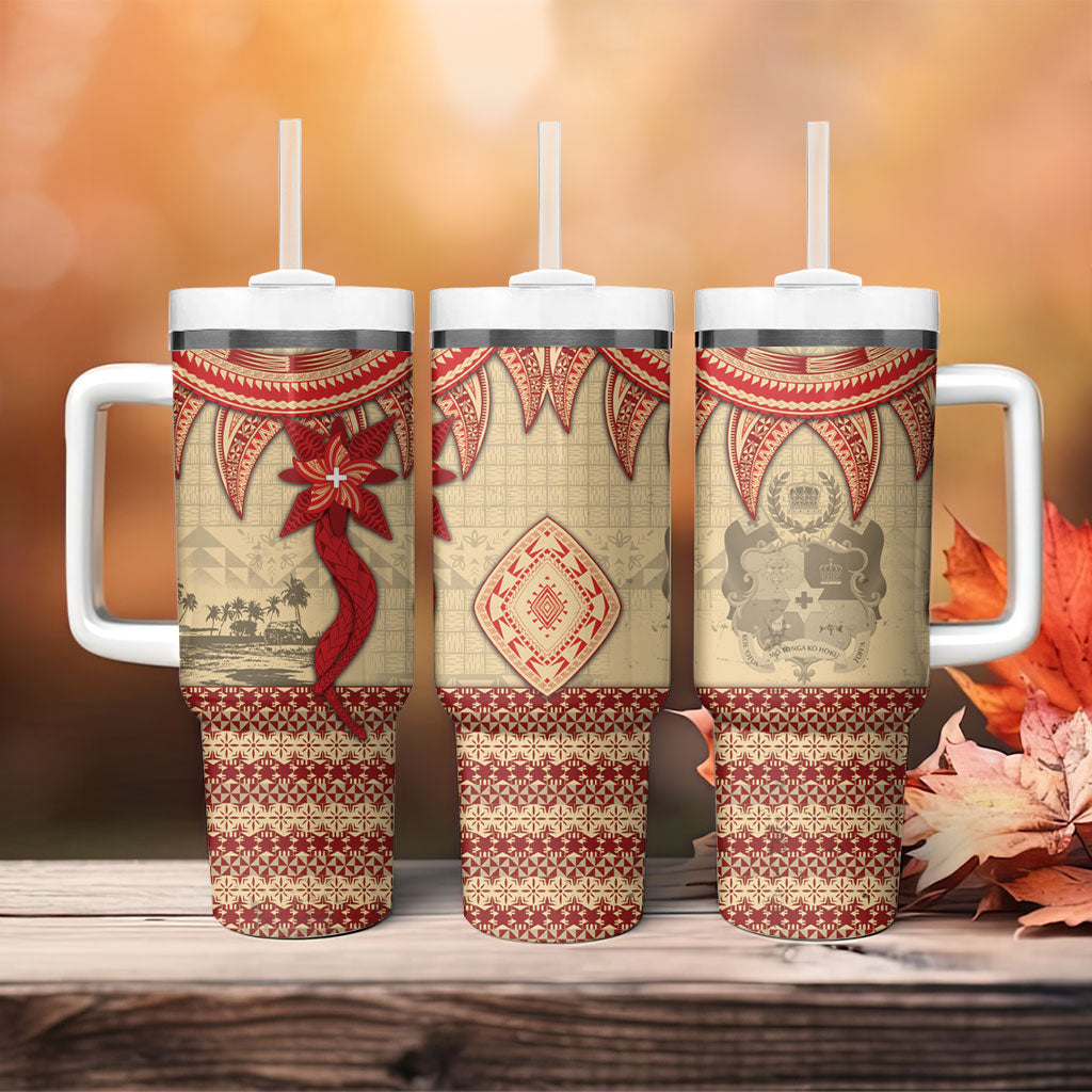 Tonga Language Week Tumbler With Handle Tribal Cross Ngatu Floral Pattern