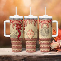 Tonga Language Week Tumbler With Handle Tribal Cross Ngatu Floral Pattern