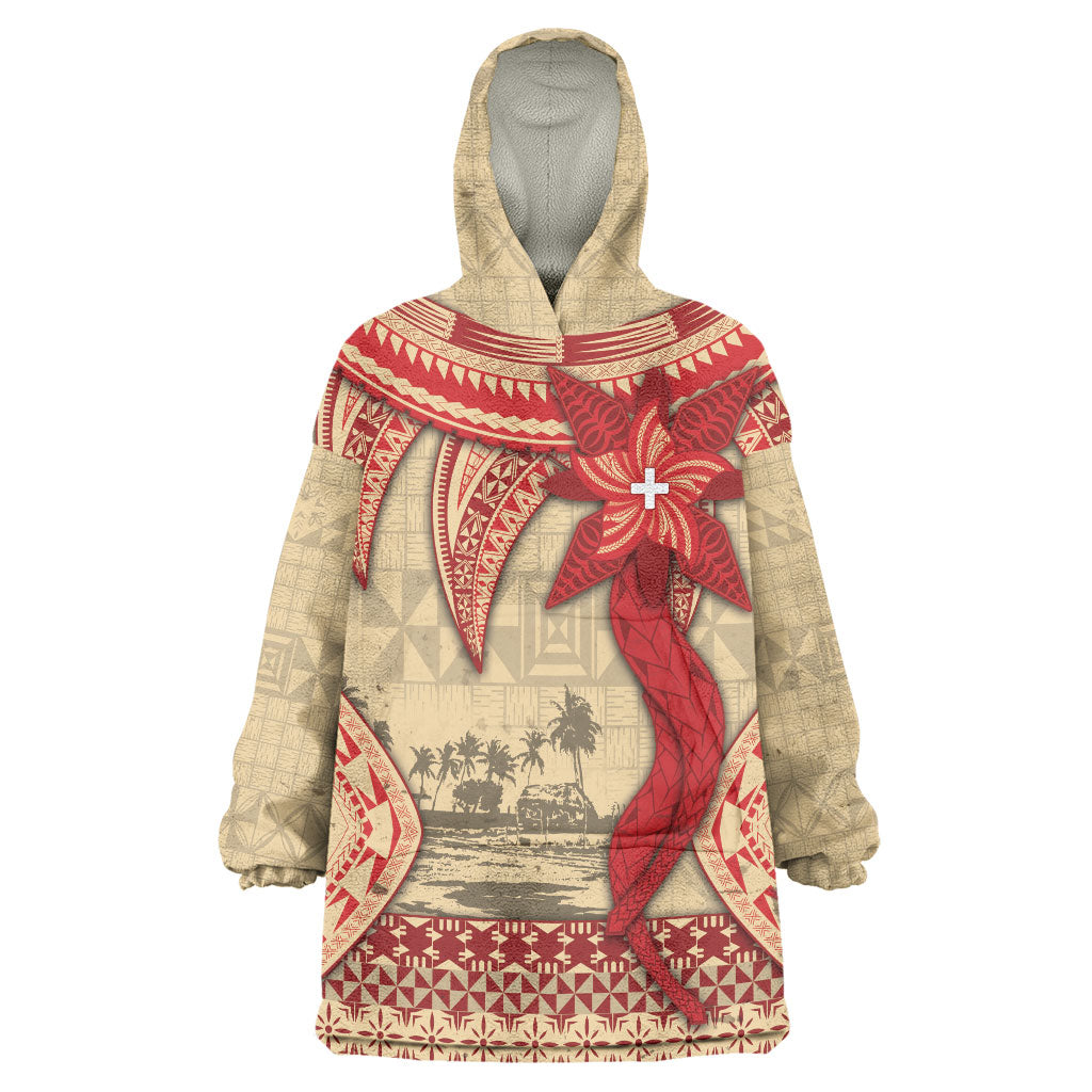 Tonga Language Week Wearable Blanket Hoodie Tribal Cross Ngatu Floral Pattern
